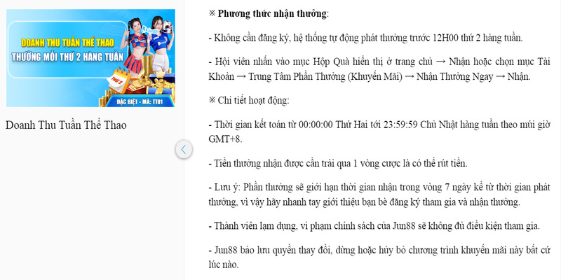 Cách nhận khuyến mãi doanh thu tuần thể thao Jun88 nhanh gọn